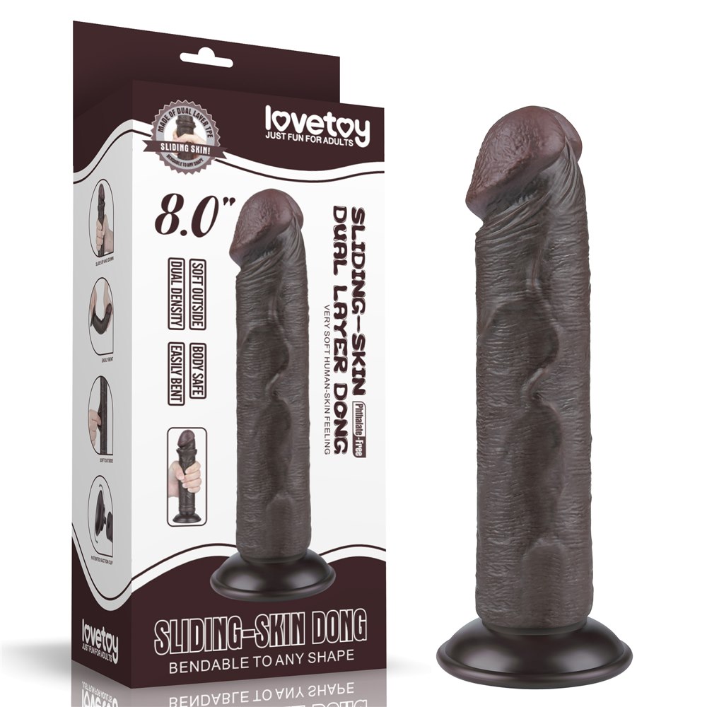 DILDO 8'' CSÚSZÓS BŐR, KÉTRÉTEGŰ DONG, FEKETE