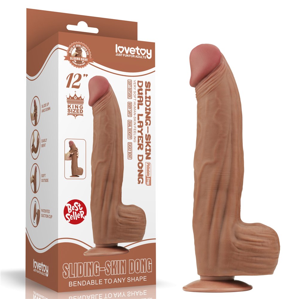 30 cm-es, király méretű, csúszó bőr hatású, két rétegű dildó, barna