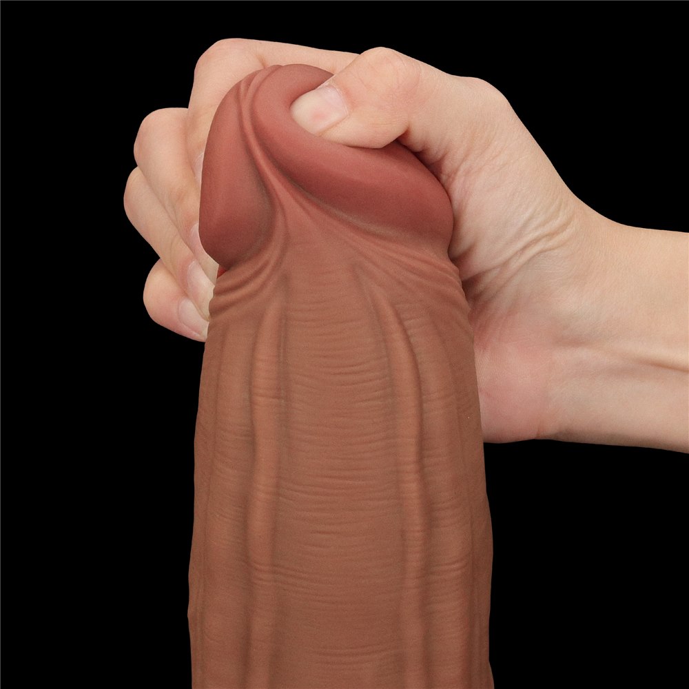 30 cm-es, király méretű, csúszó bőr hatású, két rétegű dildó, barna