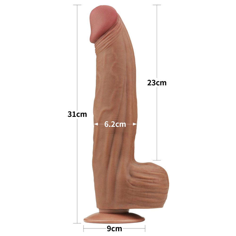 30 cm-es, király méretű, csúszó bőr hatású, két rétegű dildó, barna