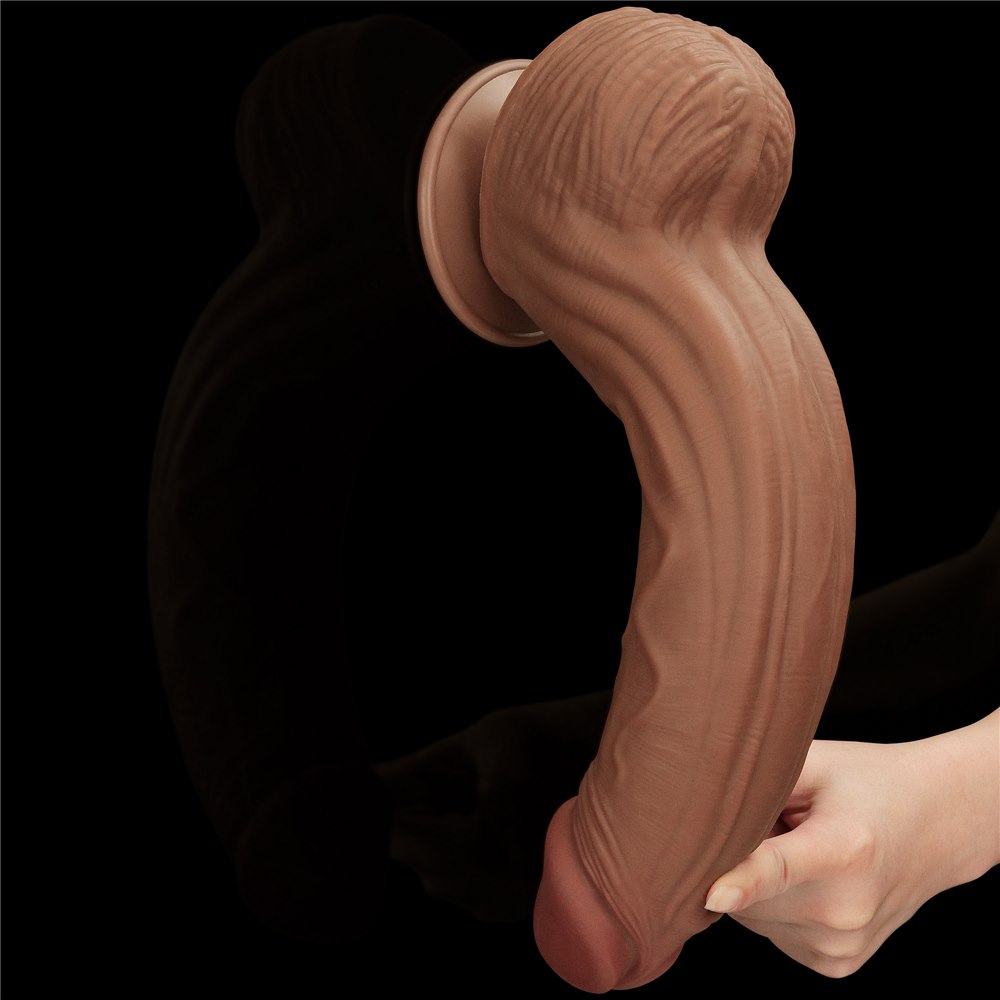 30 cm-es, király méretű, csúszó bőr hatású, két rétegű dildó, barna